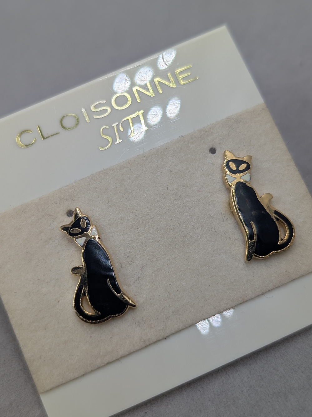 SITI Vintage Cloisonné Black Cat Enamel Earrings 1980s | M269 Made In Taiwan